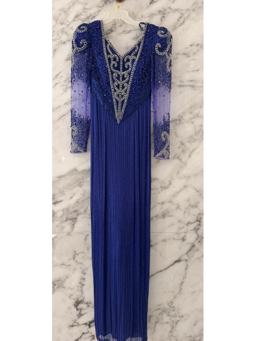 Vintage Nina Canacci Size 10 Royal Blue Beaded Sequin Long Sleeve Evening Gown